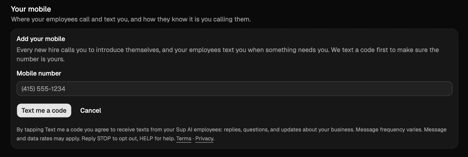 The Add your mobile card: a mobile number field, a Text me a code button, and the consent text beneath it.