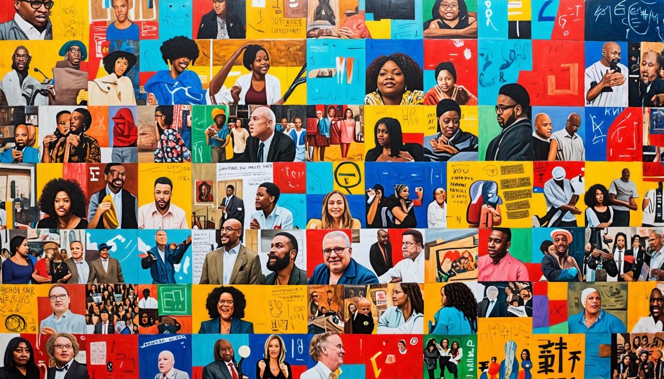 A vibrant collage of diverse individuals engaging in art, historical artifacts, political discussions, and legal debates, symbolizing the intersection of friendships across these fields.