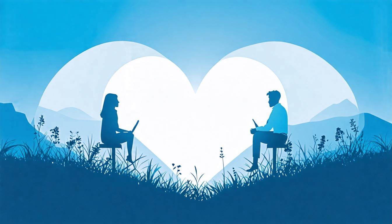 A serene, supportive scene featuring two people in a heartfelt conversation, symbolizing trust and understanding.