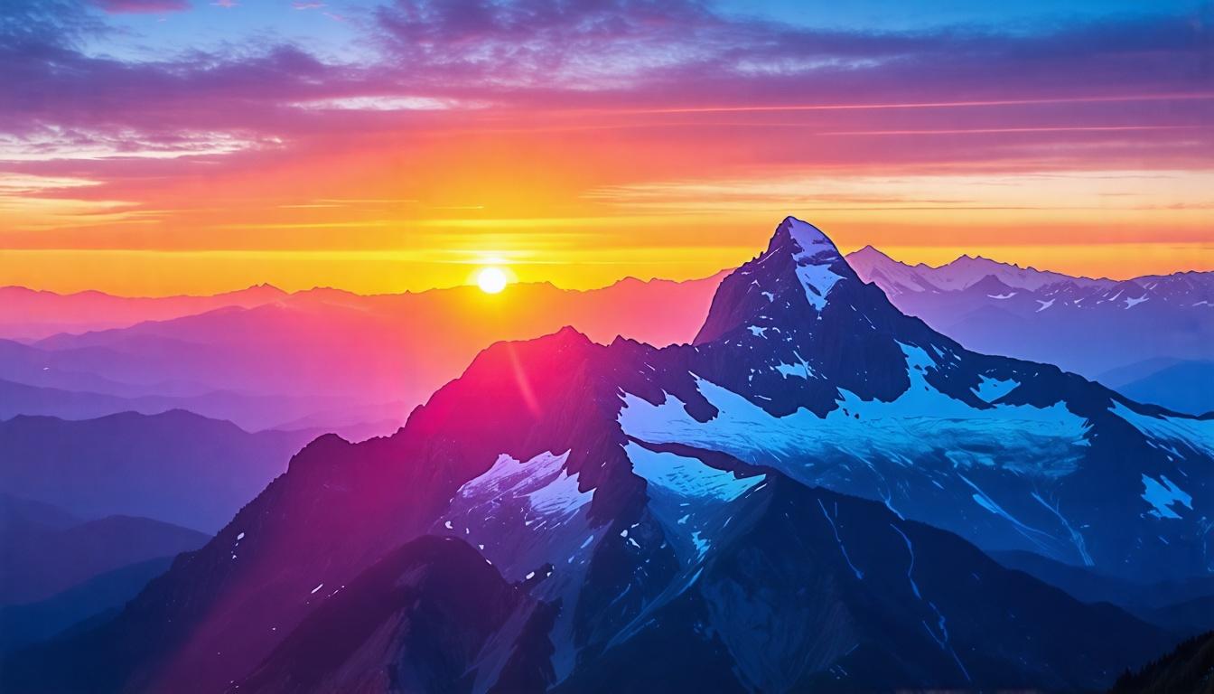 A vibrant sunrise over a mountain peak, symbolizing new beginnings and the rekindling of life's passions.