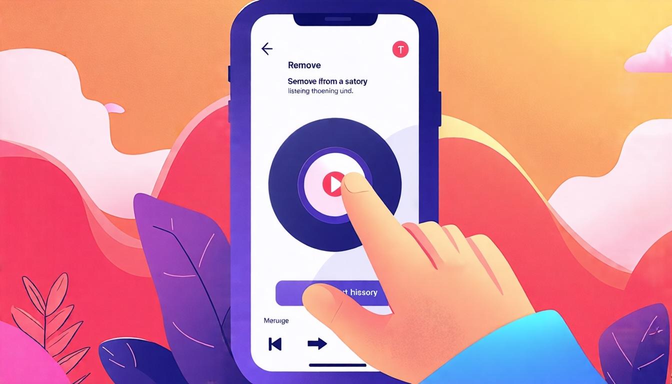 "Illustration of a person navigating a music app on their smartphone, with a focus on removing a song from their listening history."