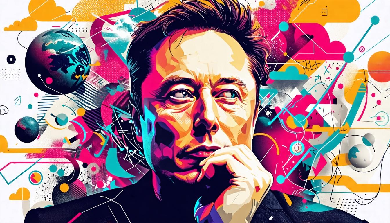 A dynamic image of Elon Musk deep in thought, surrounded by symbols of innovation and chaos.