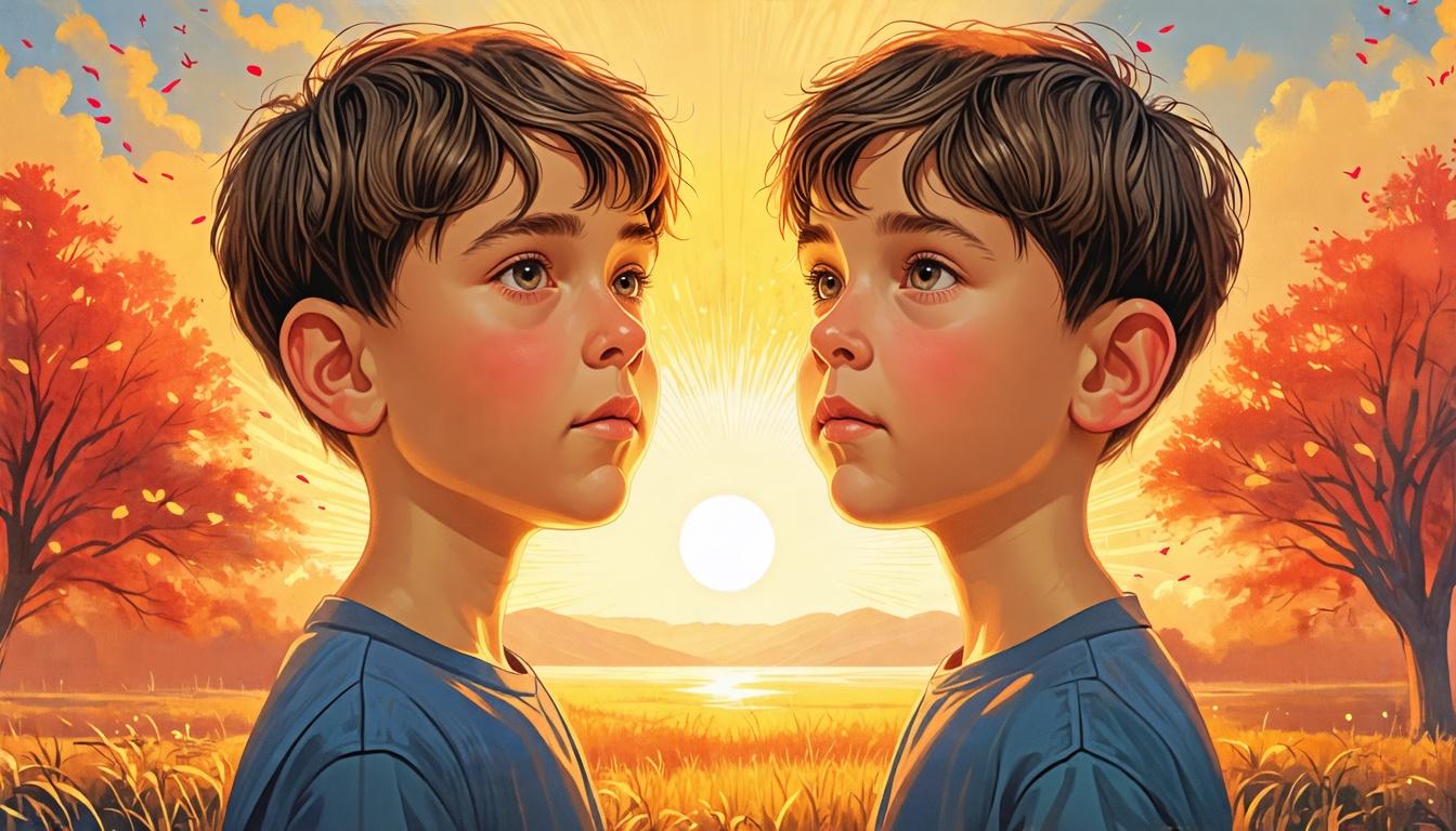 "An image depicting a serene religious setting with two identical young boys, symbolizing the Abramson twins, standing apart with contemplative expressions."