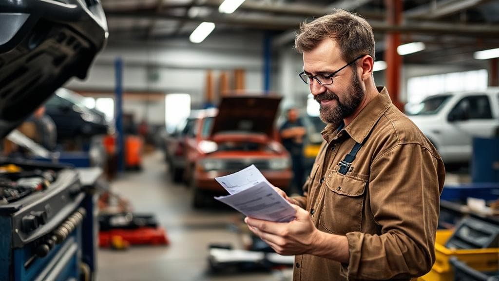 A mechanic in a workshop, surrounded by tools and vehicles, reviewing a paycheck with a satisfied expression.
