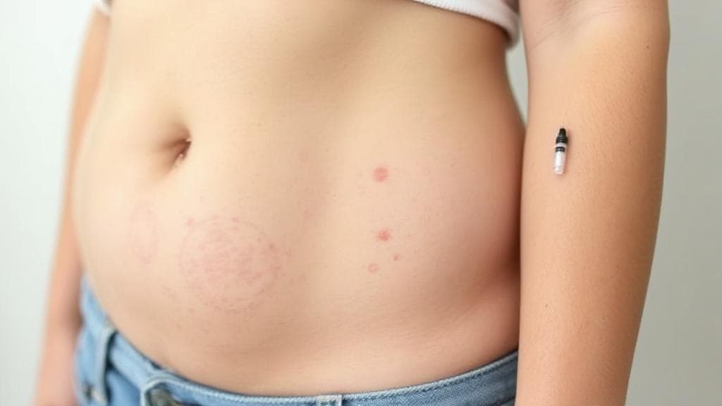 A close-up image of a person demonstrating insulin injection sites on the abdomen, thigh, and upper arm.