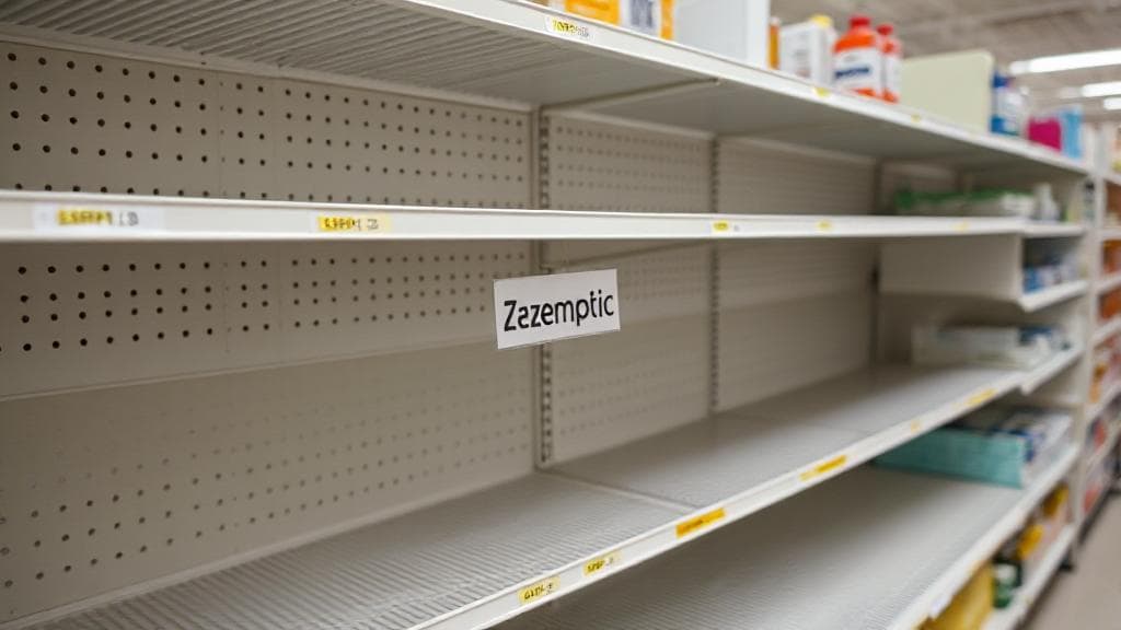 A close-up of an empty pharmacy shelf labeled "Ozempic," highlighting the ongoing medication shortage.