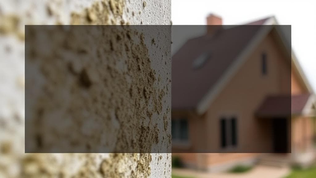 A close-up image of mold growing on a wall, with a house in the background, symbolizing the potential risks homeowners face.