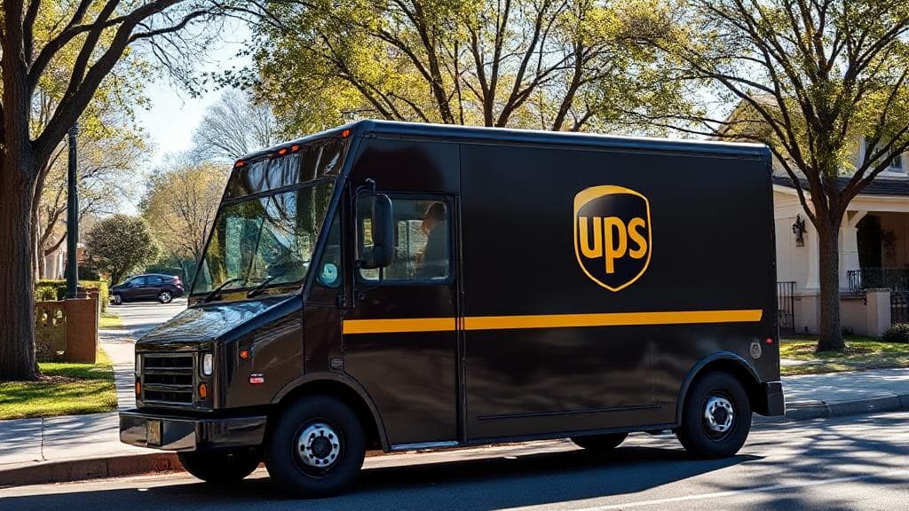 A UPS delivery truck parked on a residential street on a sunny Saturday morning.