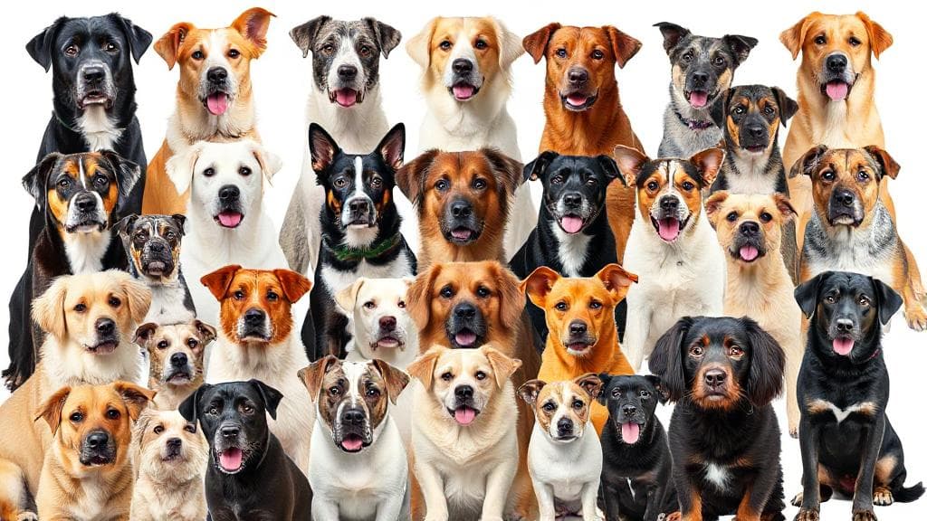 A vibrant collage showcasing a diverse array of dog breeds, highlighting their unique features and sizes.
