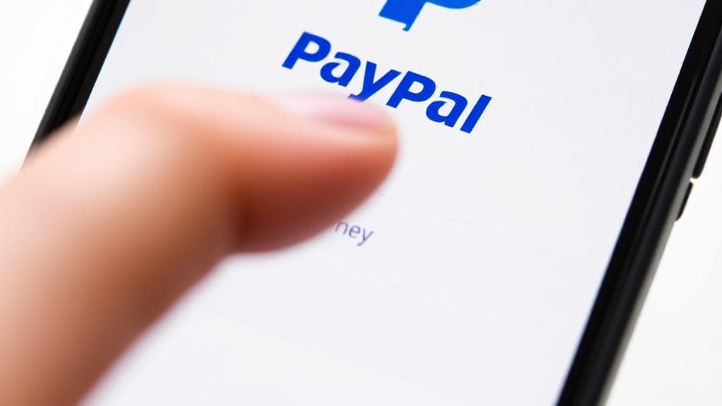 A close-up image of a smartphone displaying the PayPal app interface, with a hand poised to tap the "Add Money" option.