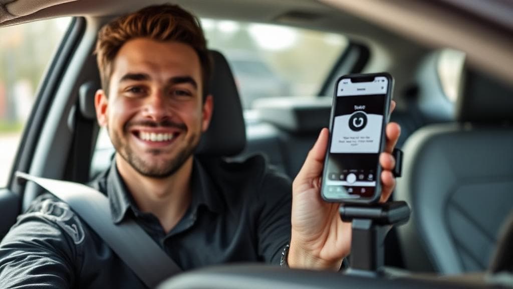 A smiling Uber driver sitting in a clean, modern car with a smartphone mounted on the dashboard displaying the Uber app.