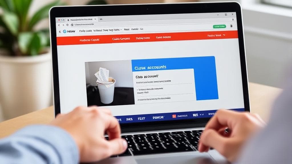 A person using a laptop to navigate an online banking website, with a focus on the "Close Account" option.