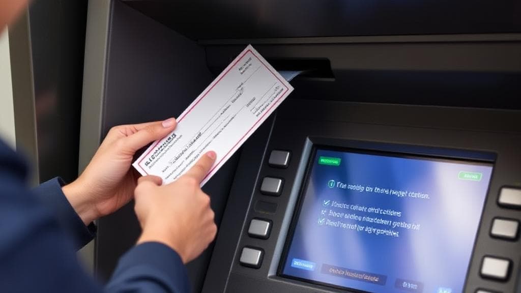 A person confidently inserting a cheque into an ATM slot, with a digital screen displaying step-by-step instructions.