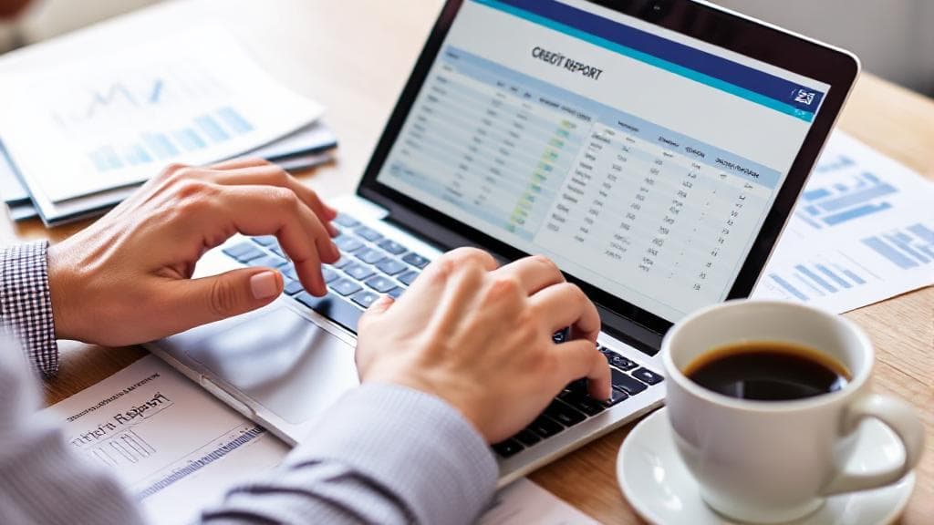 A close-up image of a person reviewing a credit report on a laptop screen, with financial documents and a cup of coffee on the table.