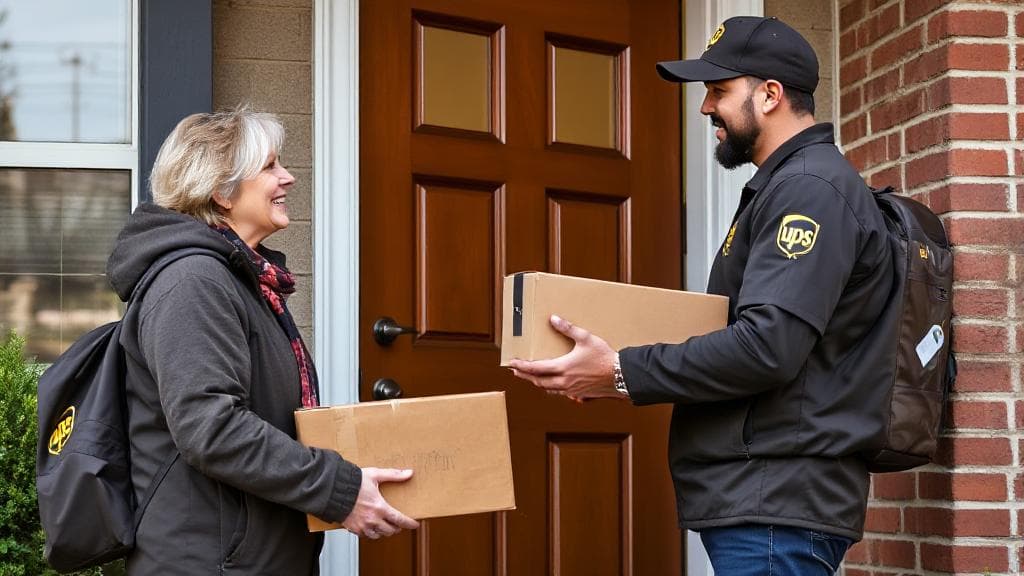 A customer happily receives a package from a UPS delivery driver at their doorstep.