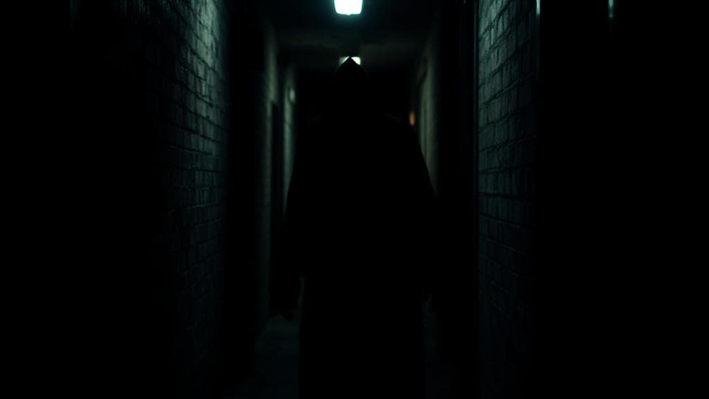 A suspenseful image of a shadowy figure lurking in a dimly lit alleyway, evoking mystery and intrigue.