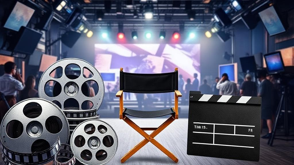 A dynamic collage of film reels, a director's chair, and a clapperboard set against a backdrop of a bustling movie set.