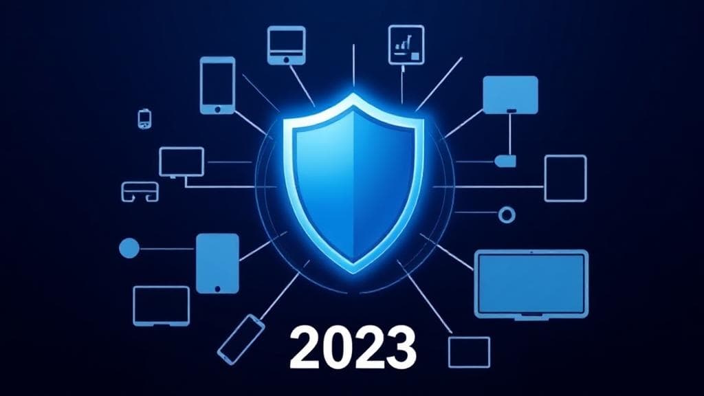 A sleek digital shield icon surrounded by various device silhouettes, symbolizing comprehensive protection across all platforms in 2023.