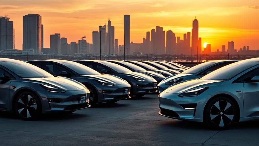 A sleek lineup of the latest electric cars parked against a futuristic cityscape at sunset.
