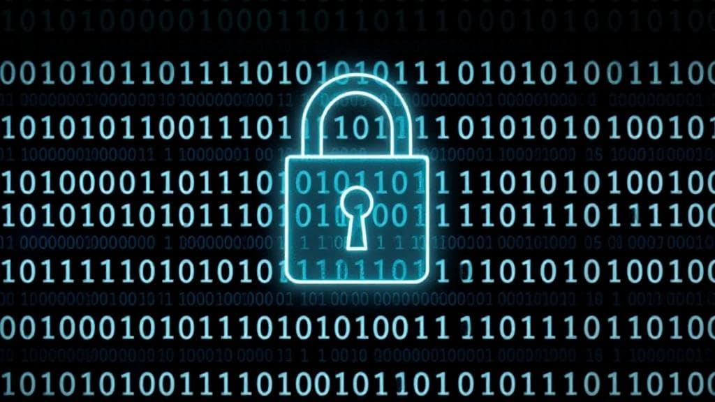 A digital lock icon overlaying a background of binary code, symbolizing cybersecurity and protection against identity theft.