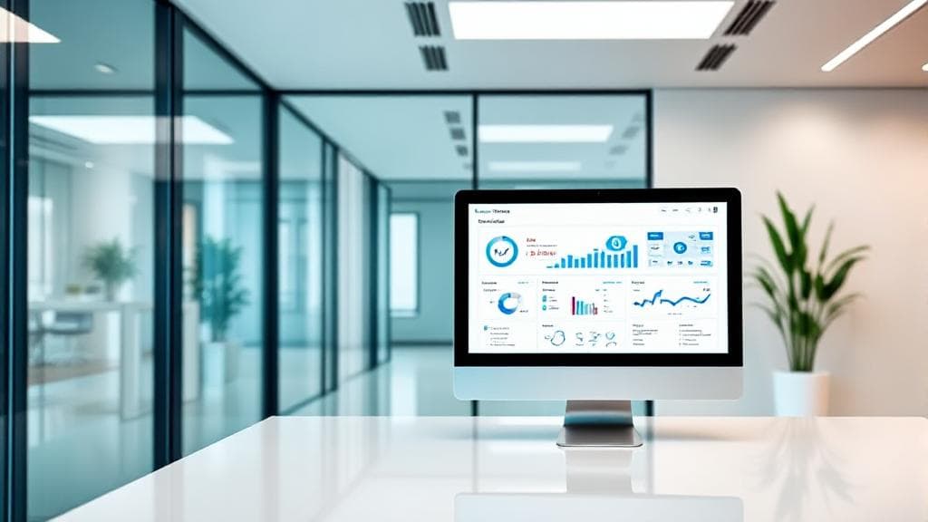 A sleek, modern office setting with a computer screen displaying a CRM dashboard, symbolizing the integration of technology in customer relationship management.