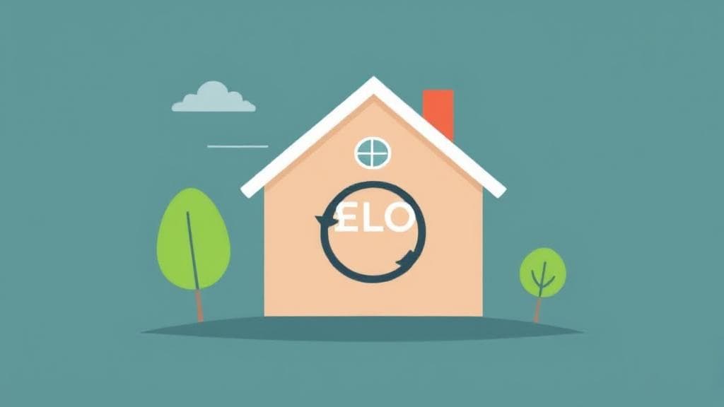 A dynamic illustration of a house with a revolving line of credit symbol, representing the concept of a HELOC loan.