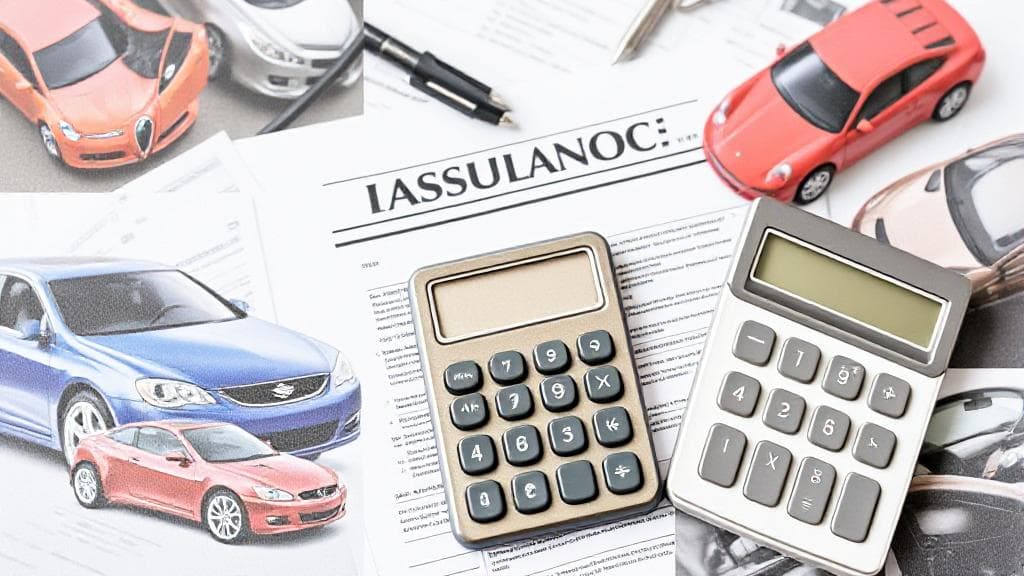A collage of cars, insurance documents, and a calculator symbolizing the components of auto insurance.