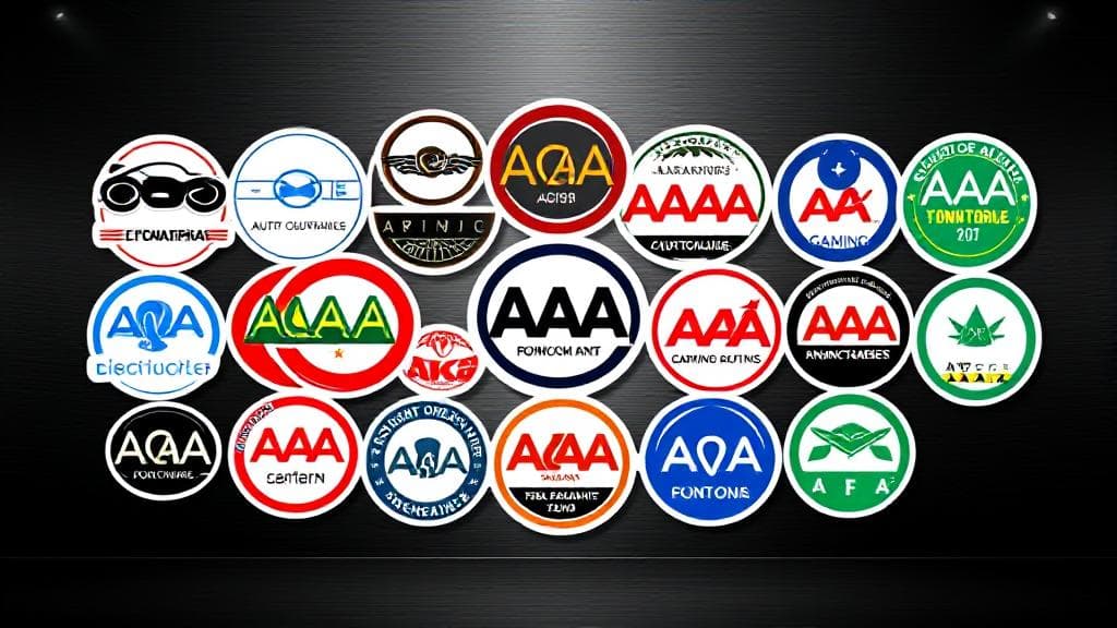 A vibrant collage of various AAA logos from different industries, including automotive, gaming, and credit ratings, set against a sleek, modern background.