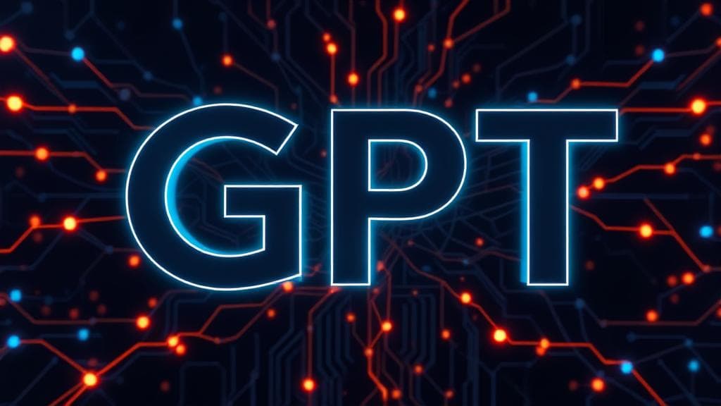 A sleek, futuristic design featuring the letters "GPT" in bold, digital font against a backdrop of interconnected neural networks and glowing data streams.