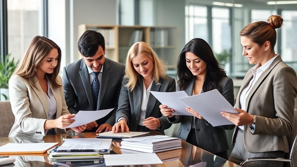 A professional office setting with diverse employees reviewing financial documents, symbolizing the concept of an annual wage supplement.