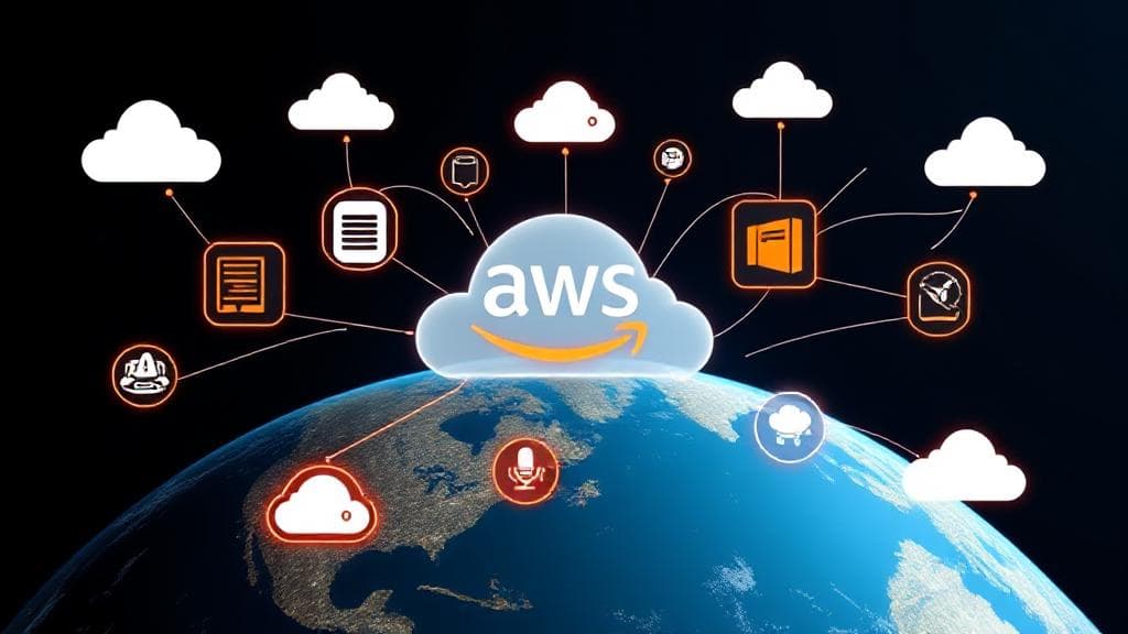 A dynamic cloudscape with digital icons representing various AWS services interconnected over a globe.