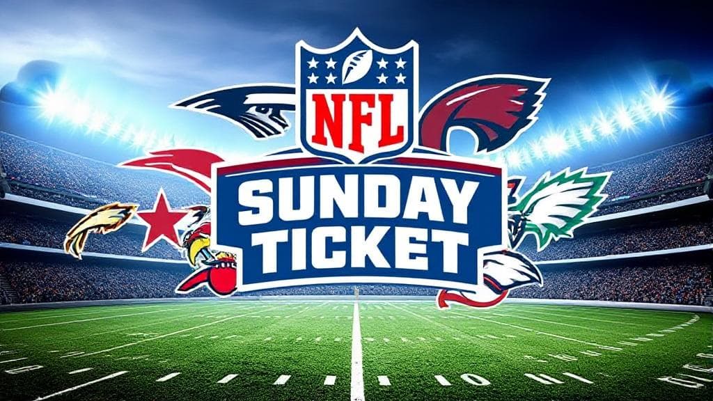 A dynamic collage of NFL team logos and a football stadium, symbolizing the excitement and variety of NFL Sunday Ticket.