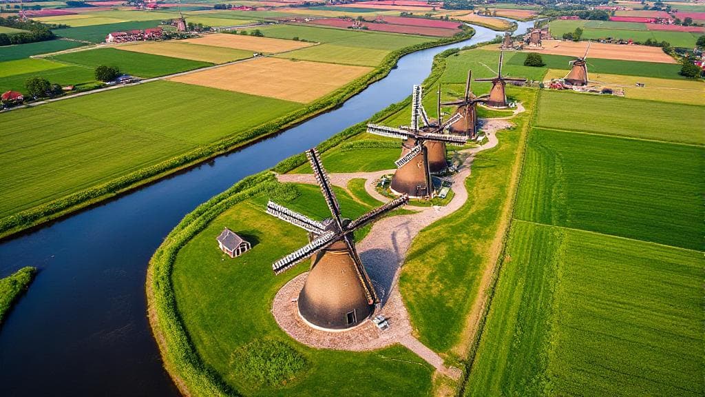 A scenic aerial view of the iconic Dutch windmills set against a backdrop of lush green fields and winding canals in the Netherlands.