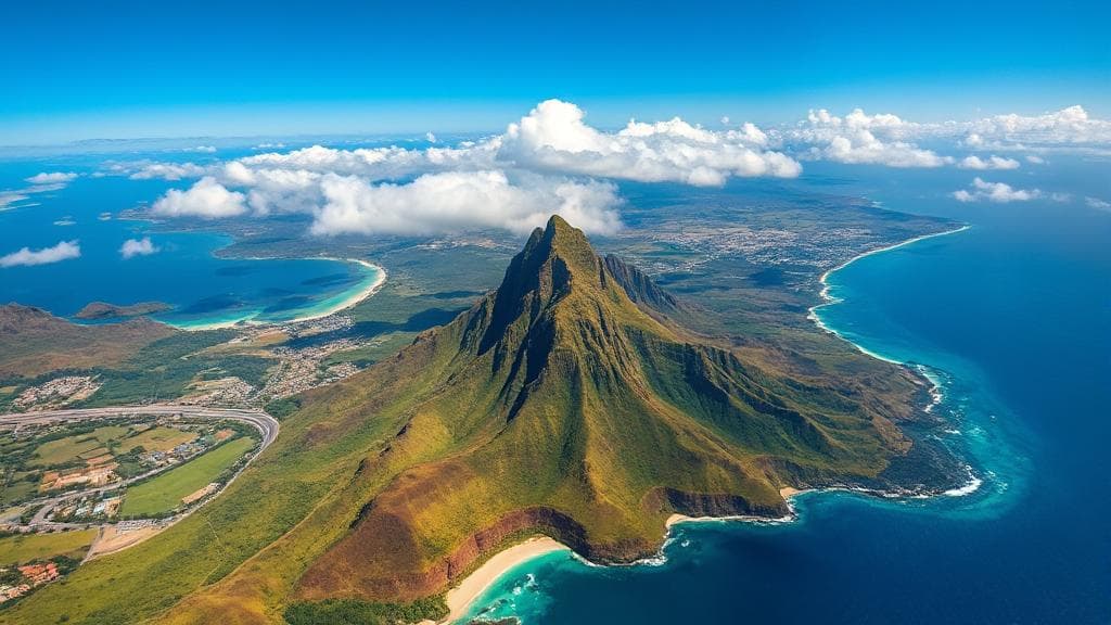 Aerial view of Oahu, Hawaii, showcasing its lush landscapes, vibrant coastline, and iconic Diamond Head crater.