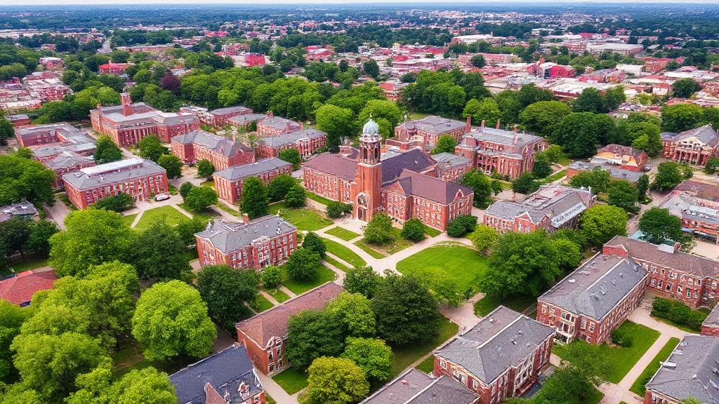 A vibrant aerial view of St. John's University's campus, showcasing its iconic red-brick buildings and lush green surroundings.