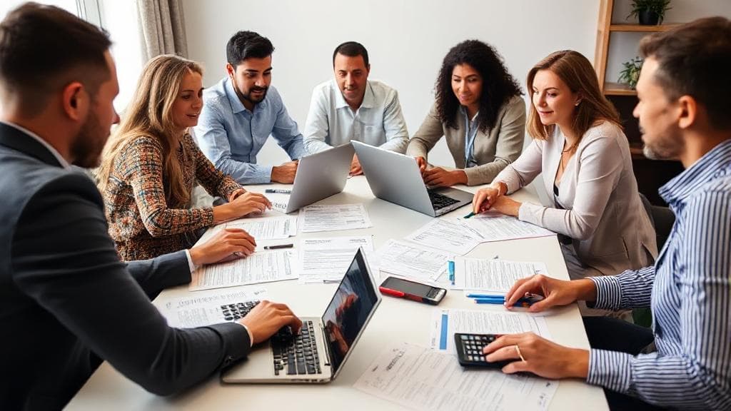 A diverse group of people sitting at a table, surrounded by tax forms, laptops, and calculators, discussing tax filing options.