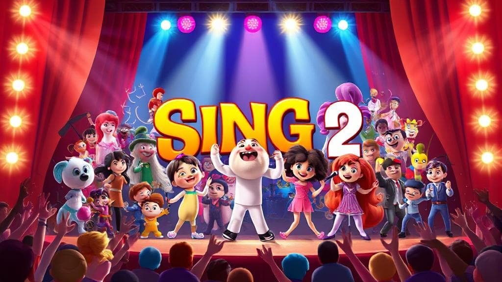 A vibrant collage of animated characters from "Sing 2" performing on stage, set against a backdrop of dazzling lights and a cheering audience.
