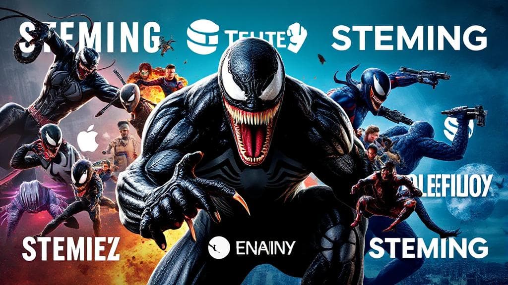 A dynamic collage featuring Venom in action-packed scenes, set against a backdrop of streaming platform logos.