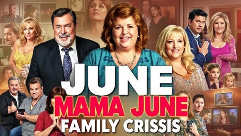 A vibrant collage featuring the cast of "Mama June: Family Crisis" against a backdrop of dramatic family moments and reality TV elements.