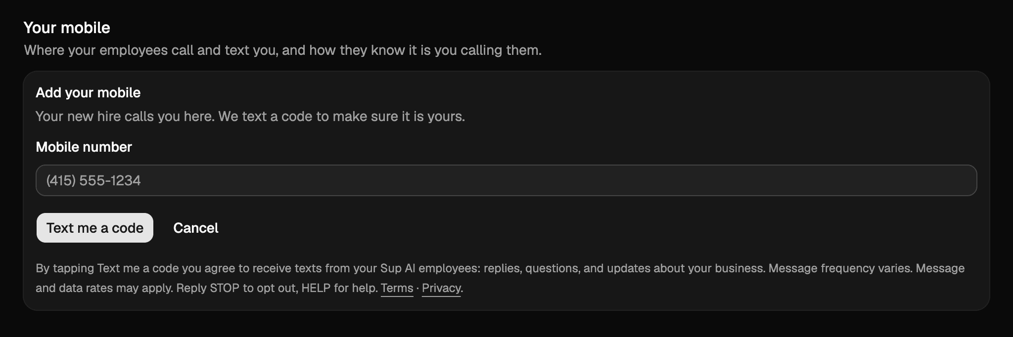 The Add your mobile card: a mobile number field, a Text me a code button, and the consent text beneath it.