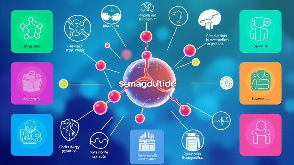 A vibrant illustration of a semaglutide molecule surrounded by icons representing its medical uses, benefits, and potential side effects.