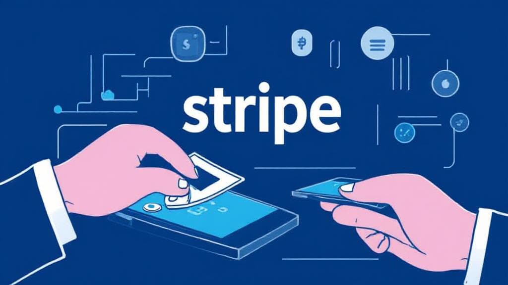 A sleek, modern illustration of digital payment processing with the Stripe logo prominently displayed.