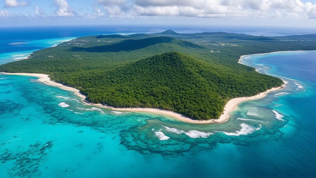 A stunning aerial view of Barbados' coastline, showcasing its turquoise waters and lush greenery.