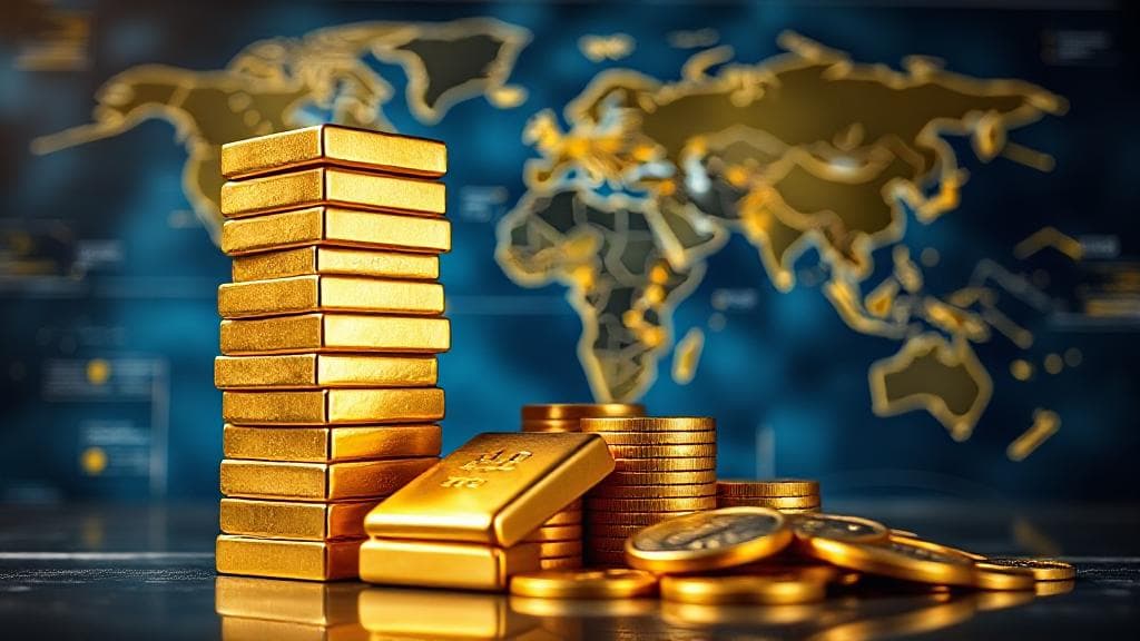 A gleaming stack of gold bars and coins set against a backdrop of a world map, symbolizing global investment opportunities.