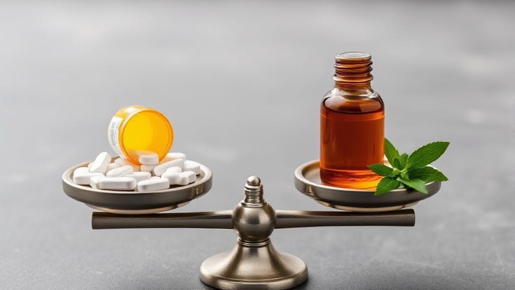 A balanced scale with prescription pills on one side and natural remedies on the other, symbolizing the comparison of opioids and their alternatives.