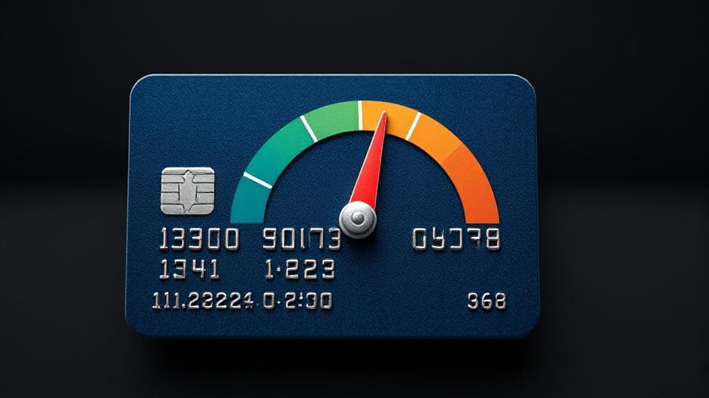 A balanced credit card with a gauge overlay indicating optimal utilization for financial health.