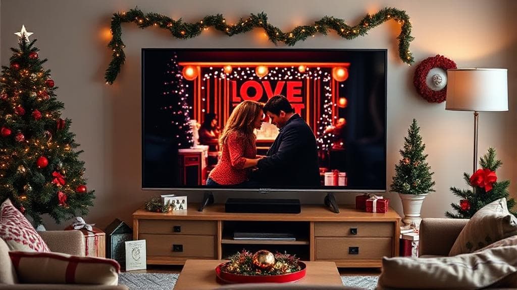 A cozy living room scene with a TV displaying a festive "Love Actually" movie poster, surrounded by holiday decorations.