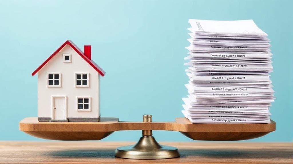 A balanced scale with a house on one side and a stack of rental agreements on the other, symbolizing the decision between selling and renting.
