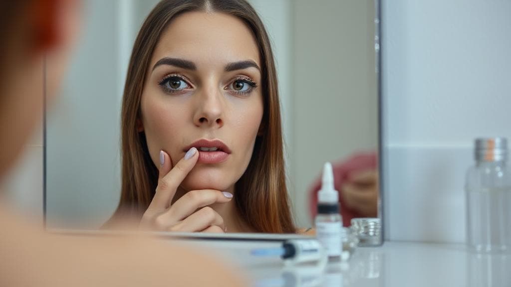 A close-up of a thoughtful person examining their reflection in a mirror, with a syringe and Botox vial subtly visible on a nearby counter.