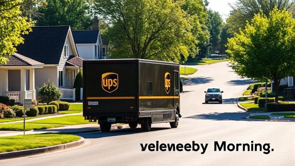 A delivery truck navigating a suburban neighborhood on a sunny Saturday morning, symbolizing UPS's weekend service.